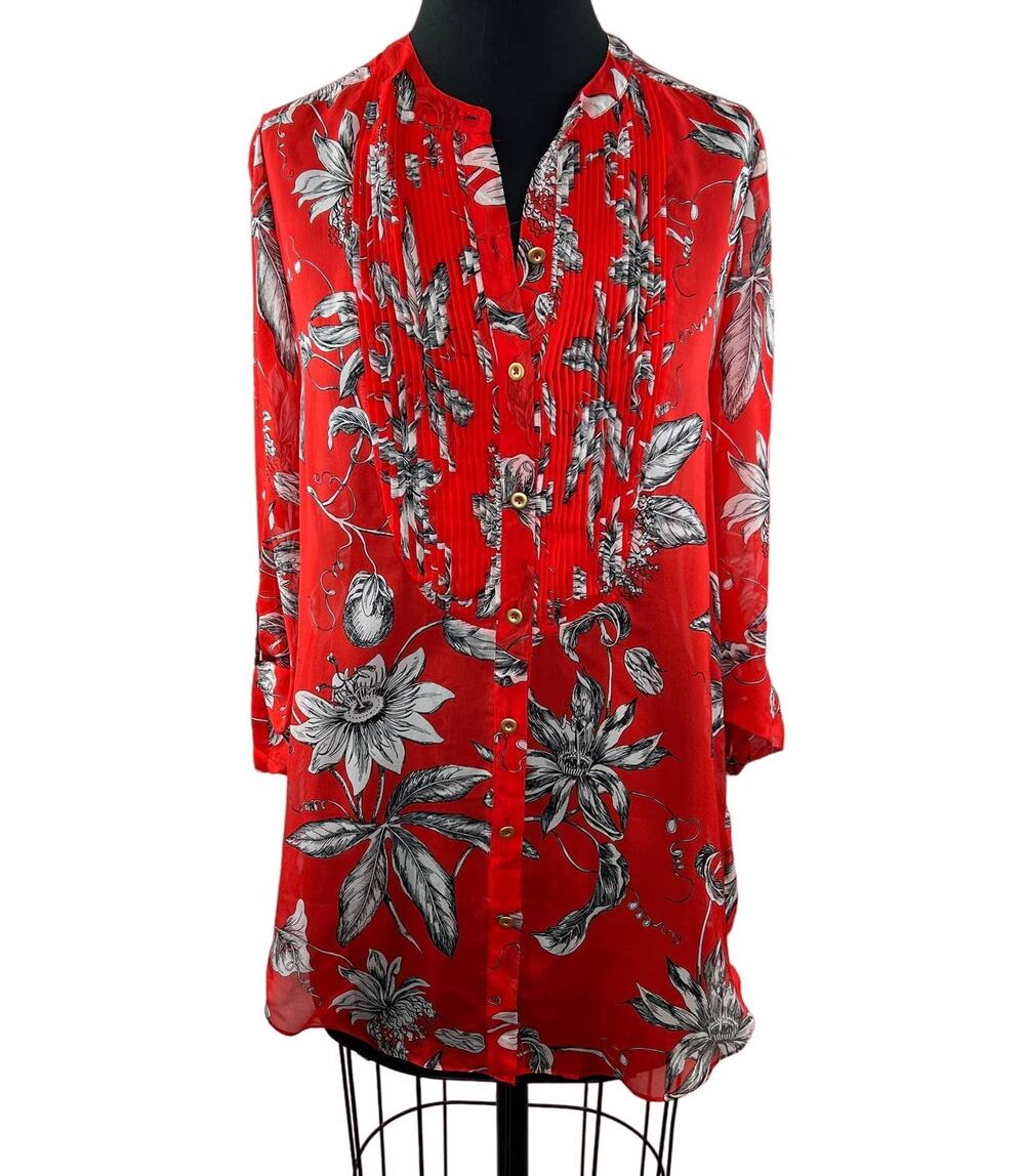 Anthropologie Leifsdottir Red 2 Tunic Top Silk Floral Pleat Button Up 3/4 Sleeve